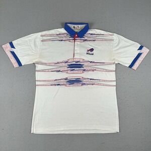 Vtg‎ 90s Buffalo Bills Polo Shirt Men's XL White Pattern AOP Short Sleeve